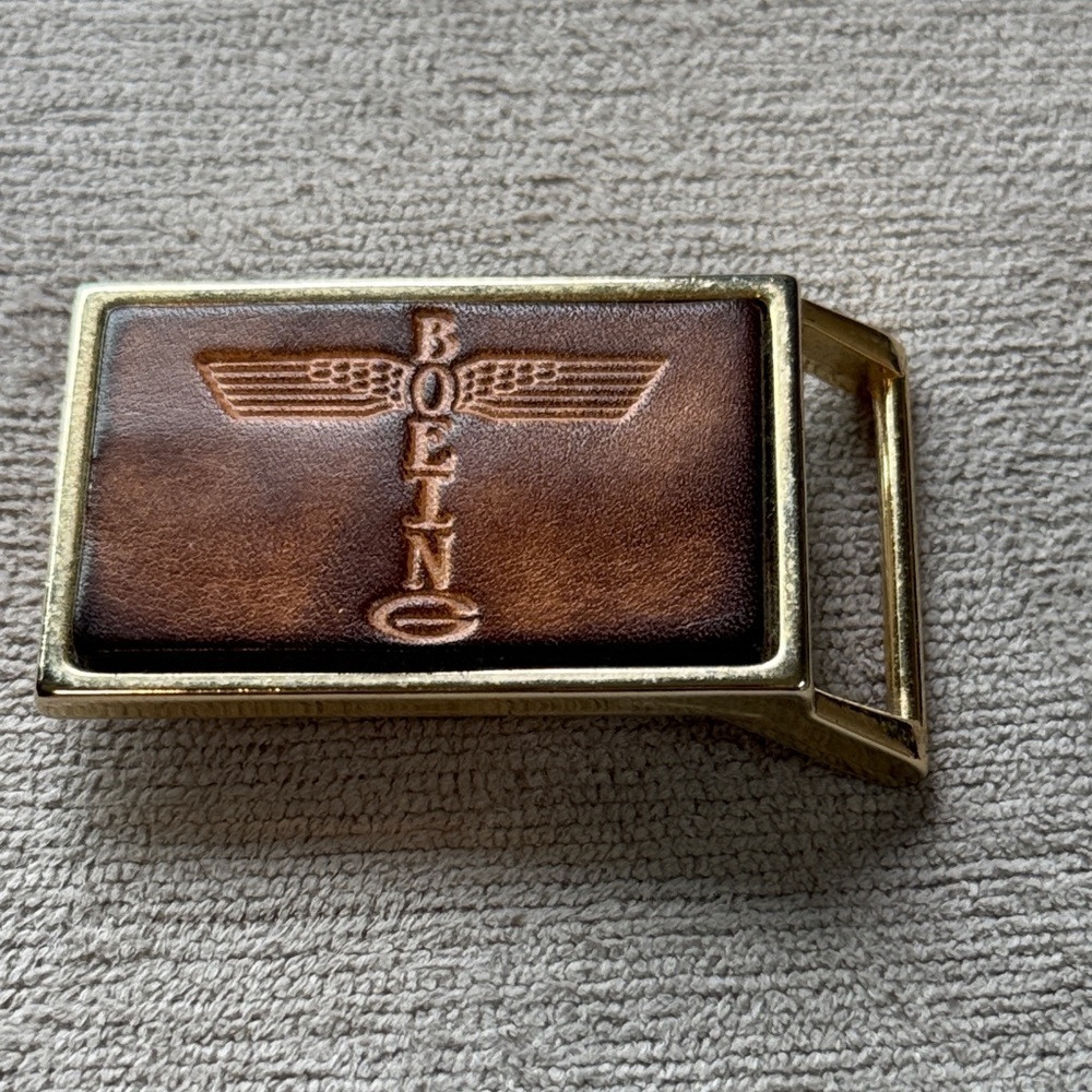 Vintage Brown Leather Belt Buckle with Gold Frame